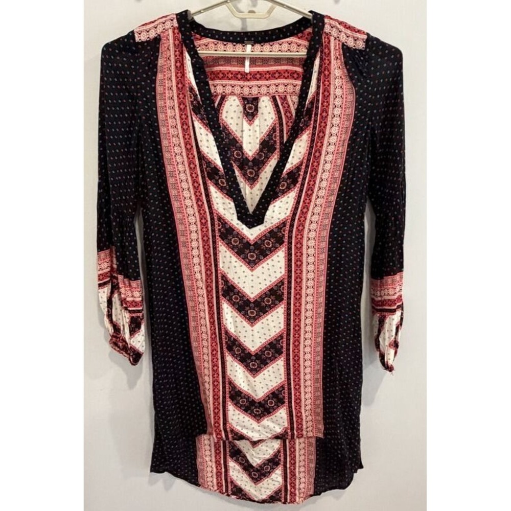 Free People Peacemaker Dress Size M Red‎ Black Tribal Print High Low BOHO M